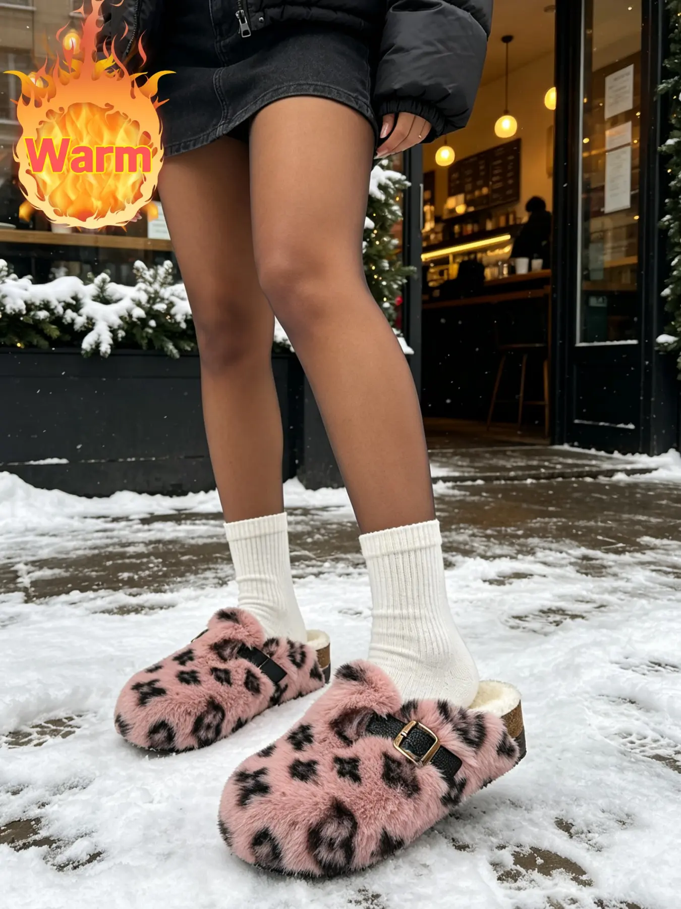 Couple Fuzzy Slip-On Shoes, Soft Furry Upper with Colorblock Print, Vintage Metal Buckle, Unisex, Fall Winter Casual Footwear