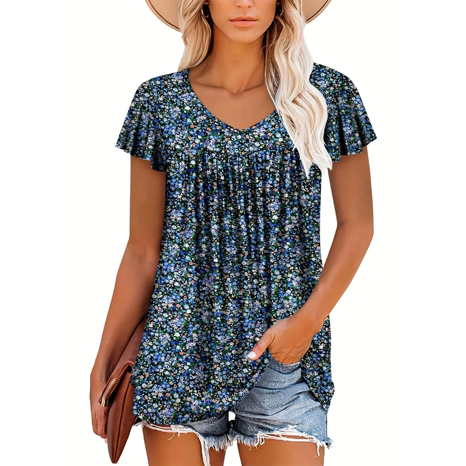 2025 Western Fashion Women'S Top Summer Casual Loose Ruffled Short Sleeve V-Neck T-Shirt