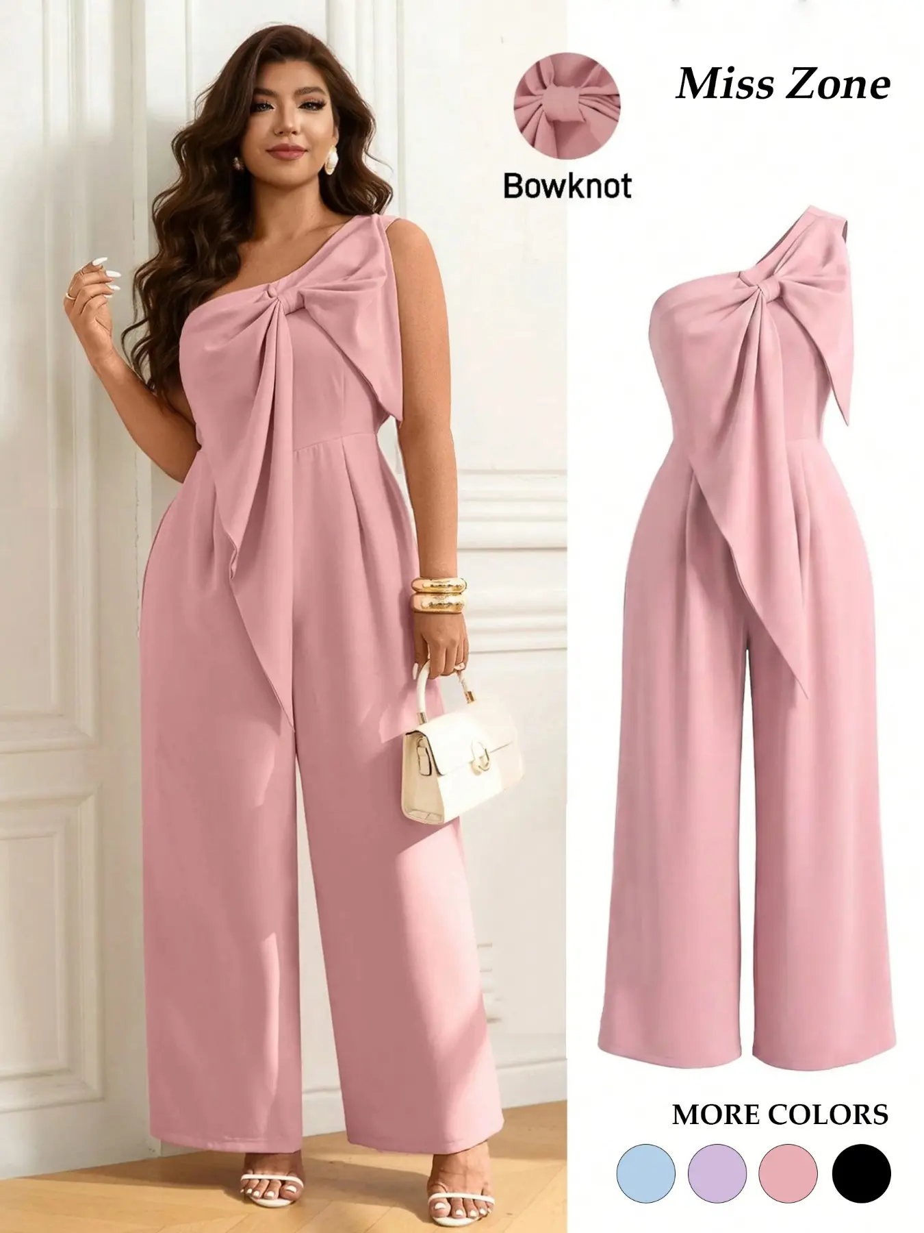 Women's Plus Size Fit Jumpsuit One Shoulder Statement Bowknot Wide Leg Pants Rompers Elegant Chic Wedding Guest Evening Party Trendy Style