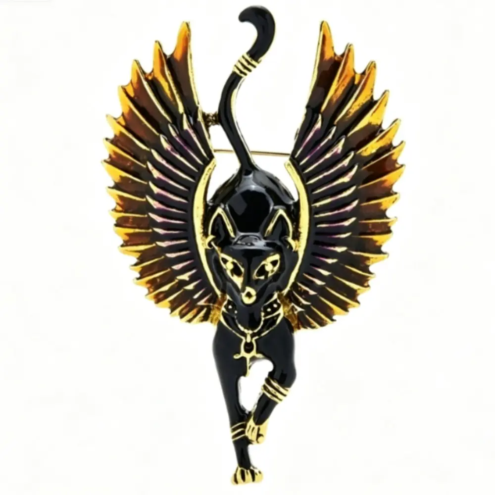 Black Enamel Winged Egyptian Bastet Cat Antique Gold Brooch Unisex Gothic Lapel Pin Gift