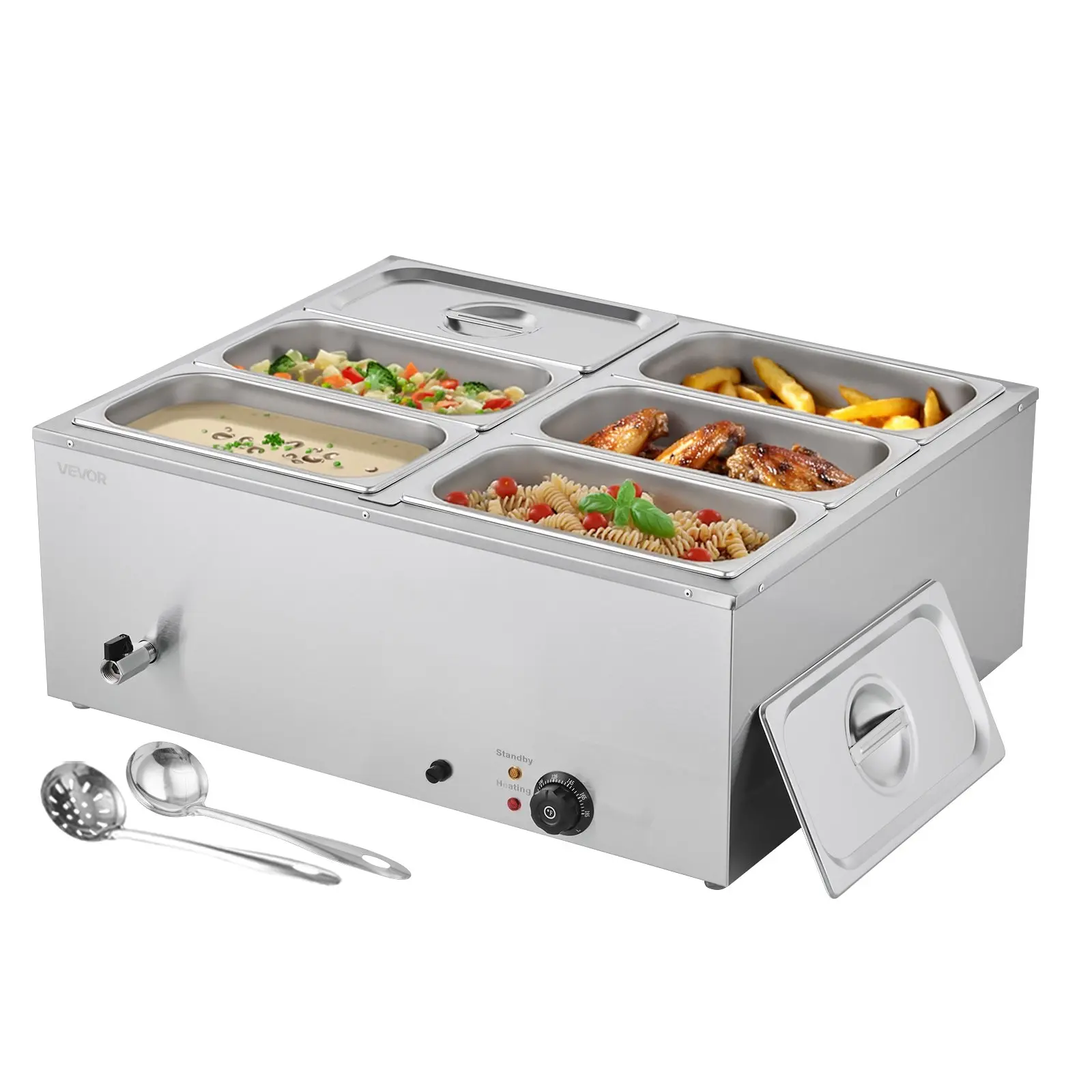 VEVOR 1500W Fast Heating Commercial Stainless Steel Electric Buffet Warmer, 6-Pan Countertop Bain Marie with Lid & Perforated Ladle, for Restaurants