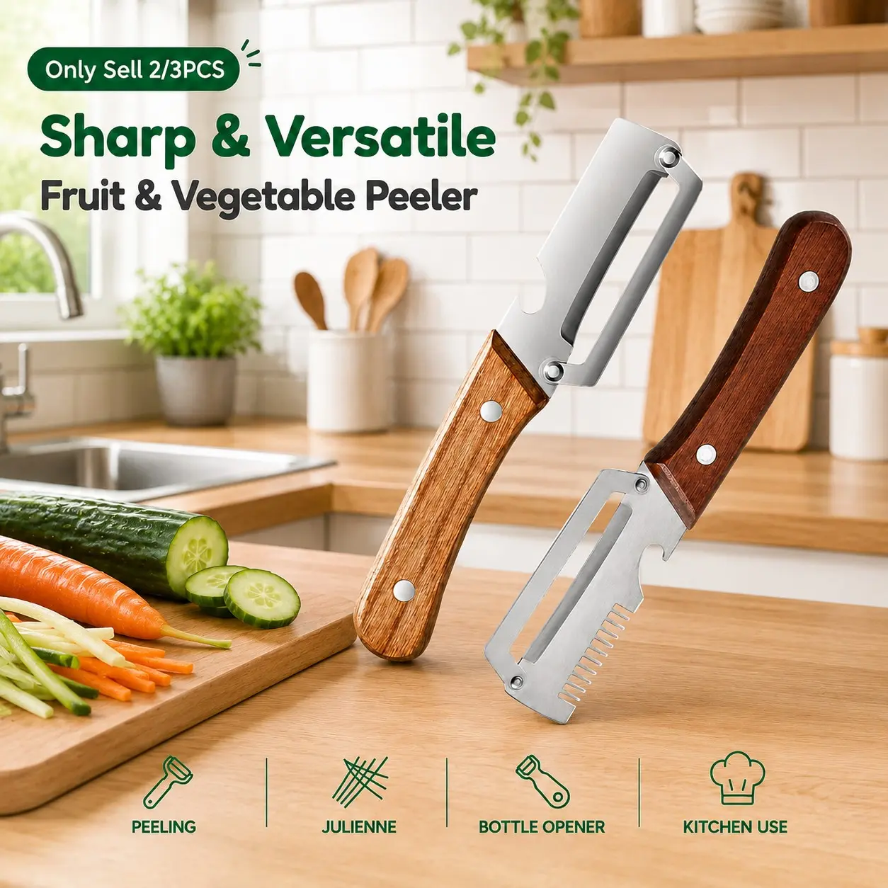 2/3PCS Premium-Grade Fruit & Vegetable Heavy Duty Peeler | Vegetable Peelers for Kitchen Sharp Stainless Steel Blade, Ergonomic Wooden Handle ,  Built - in Bottle Opener – Ideal for Daily Kitchen Use (Potatoes, Apples, Pumpkins & More) Veggie Peeler