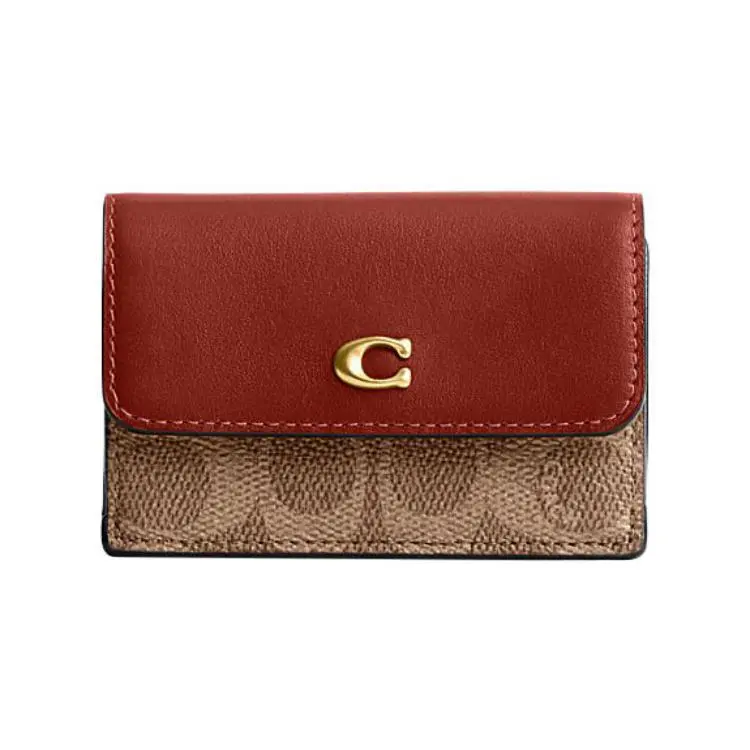 COACH Tri-Fold Wallet for Women – Classic Logo Monogram, Brown and Khaki Coated Canvas with Calfskin