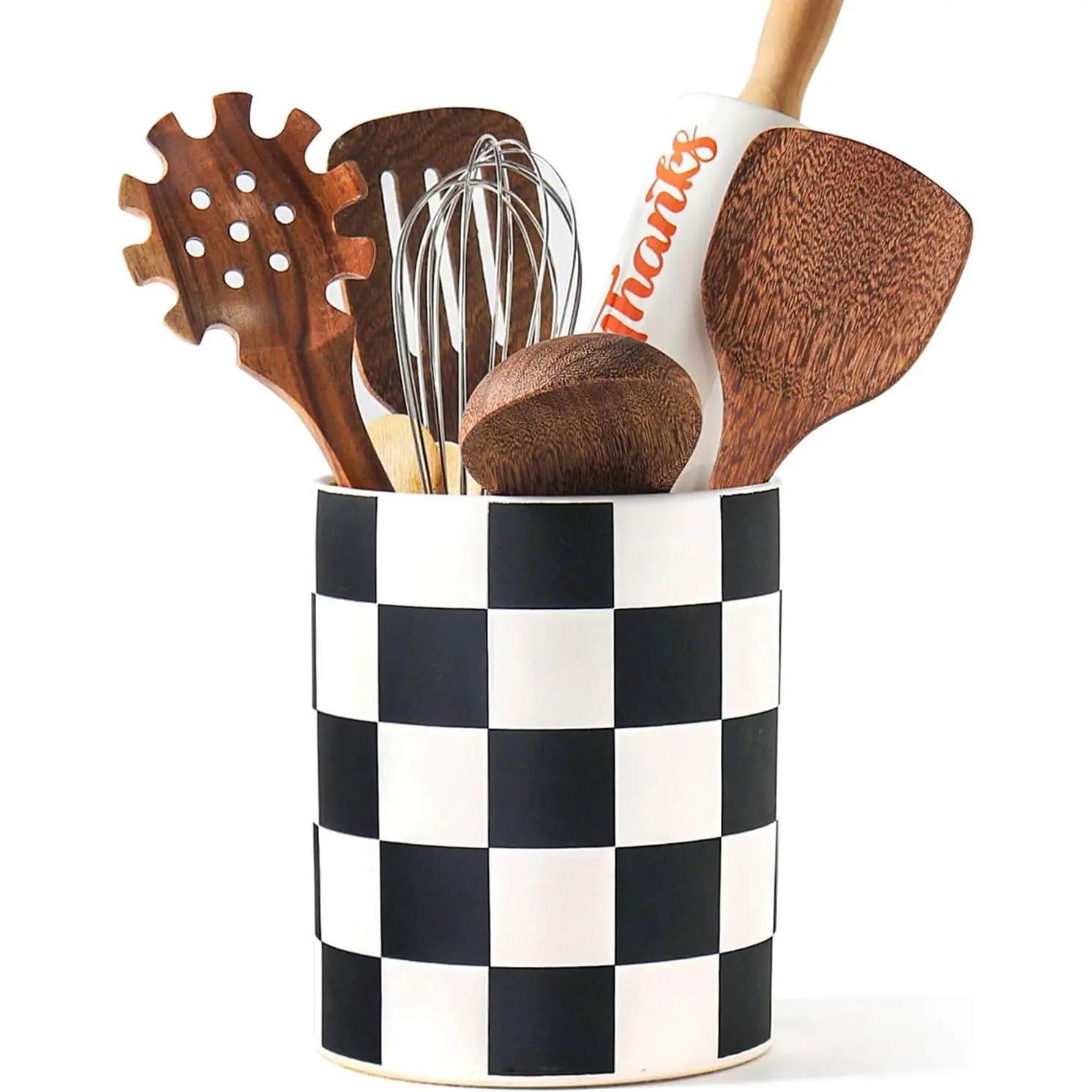 Black and White Checkered Ceramic Kitchen Utensil Holder - 7.2 in Storage Crock, Tabletop Tidy, Knives Organizer, No Battery Home Decor, Home Supplies Kitchen Accessory