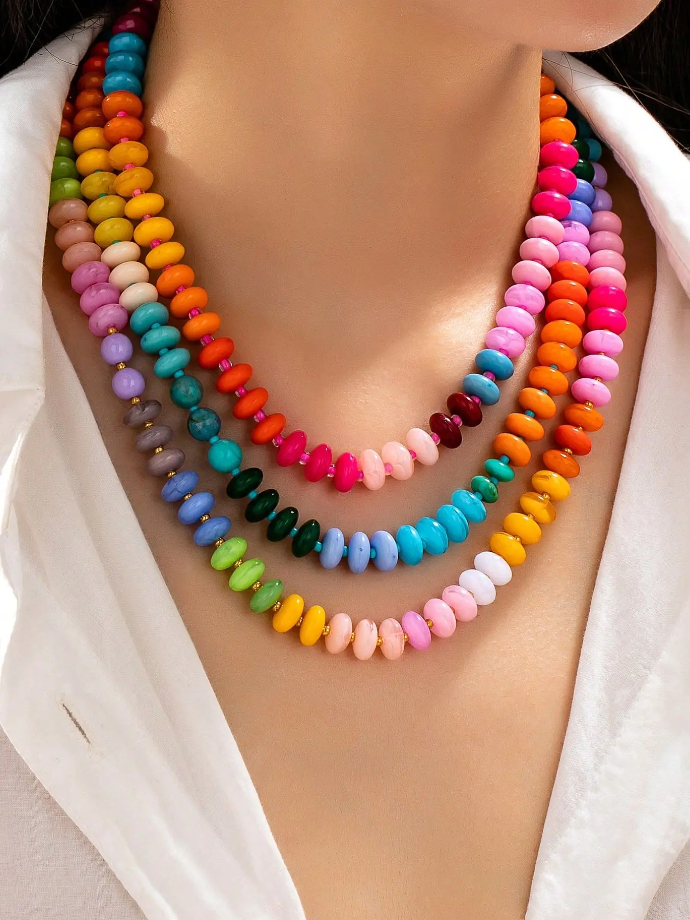 3Pc Dopamine Rainbow Beaded Necklace Set - Bright Multi-Color Disc Beads Stacked Chokers, Bohemian Tropical Vacation Jewelry