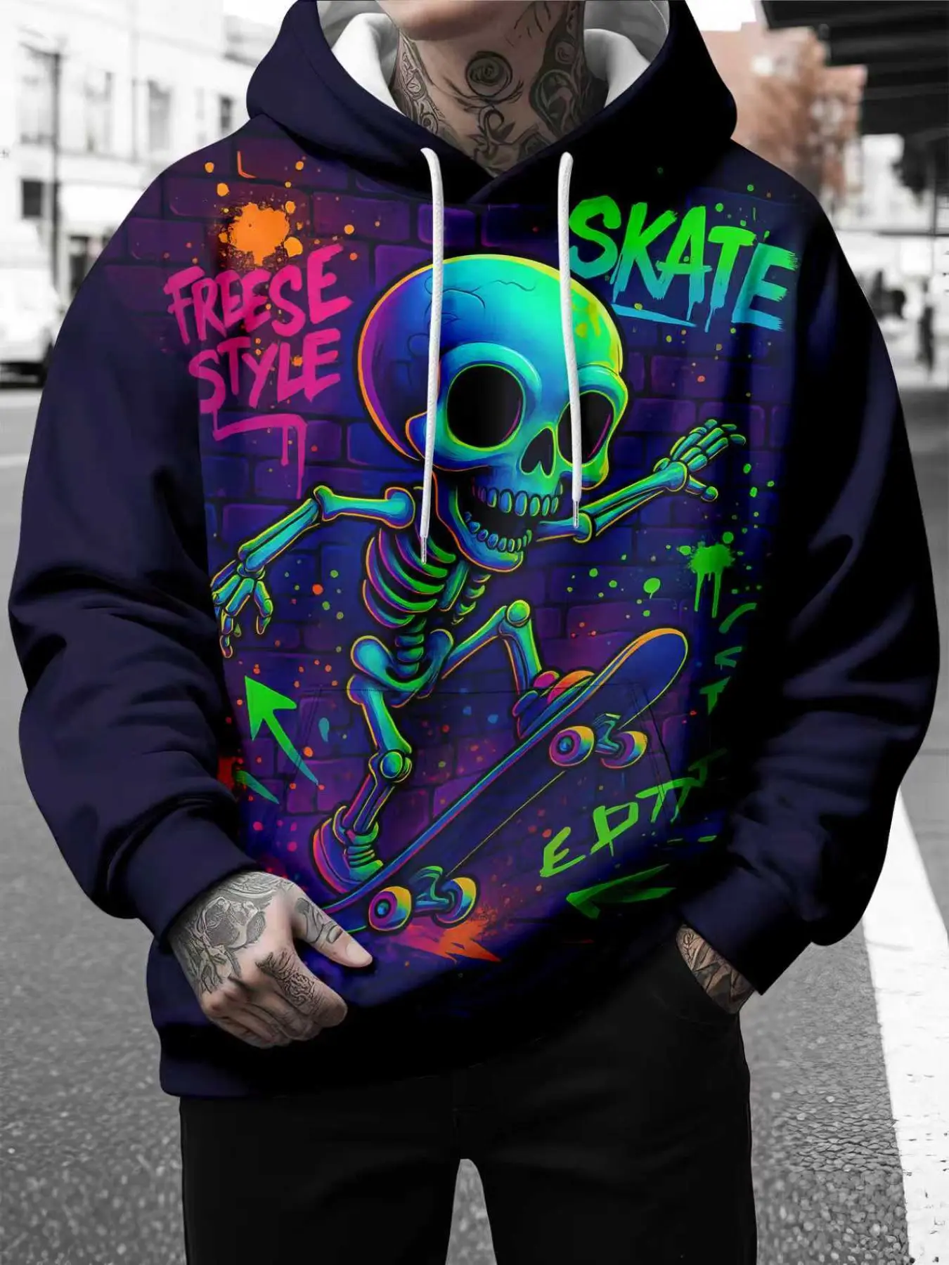 Free Skateboard Graffiti Skull Hoodie, Unique Streetwear Design, Perfect for Skaters & Urban Fashion Enthusiasts, Comfortable & Stylish
