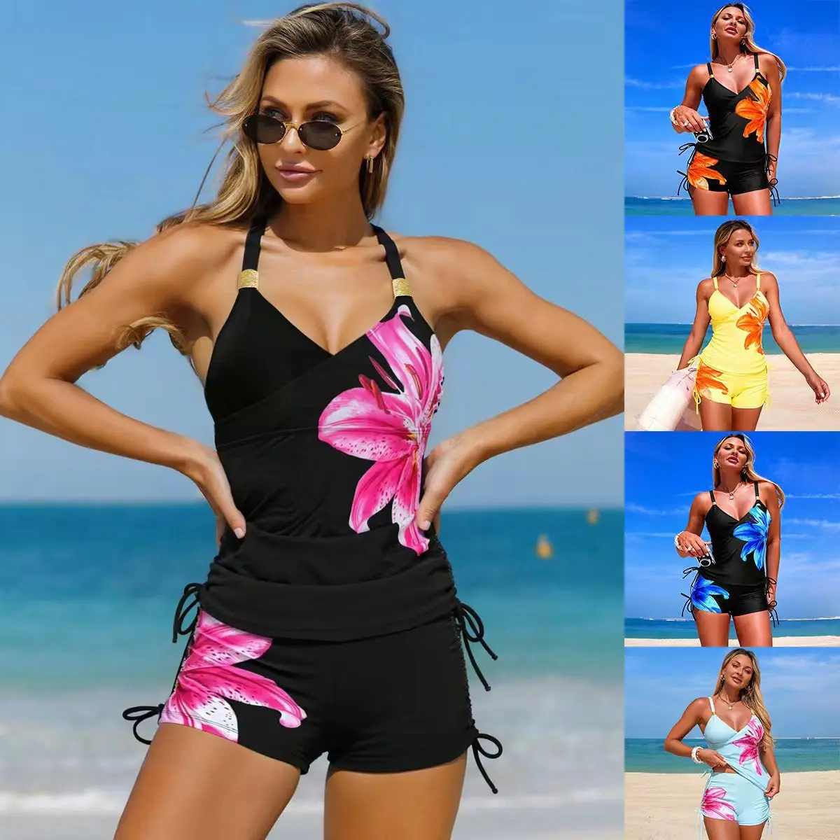 Women's two-piece conservative sports swimsuit with boxer shorts