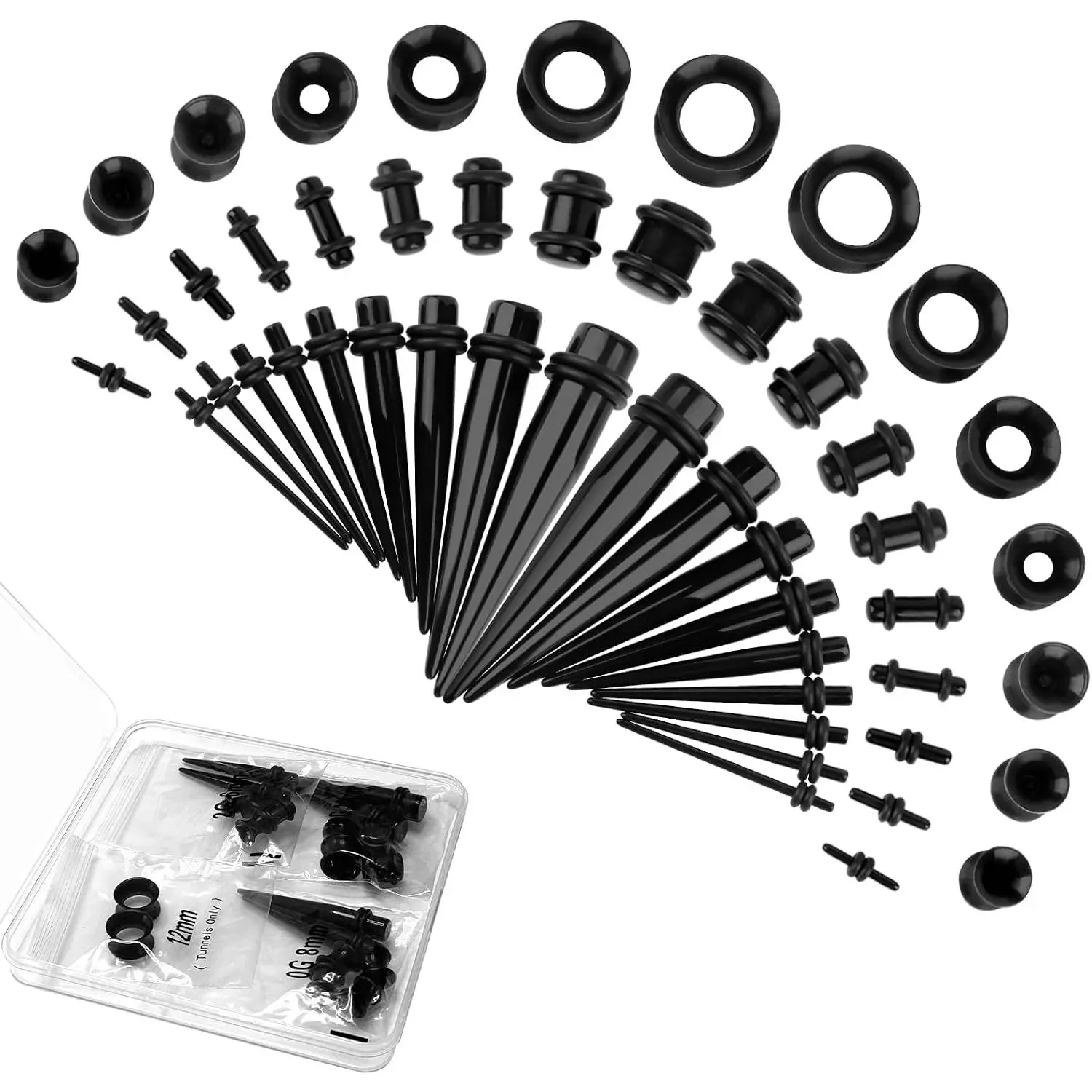 50 count Ear Stretching Kit,  Gauges for Ears 14G-00G, Lightweight Tapers+ Plugs+  Tunnels, Gauge Stretching Kit,  Earring , for Men, Women, Starter Expanders