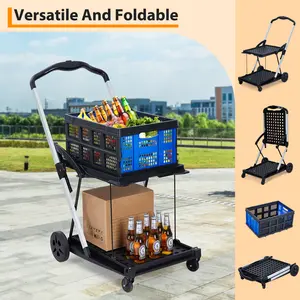 Heavy-Duty 2-Tier Collapsible Shopping Cart with Wheels – Collapsible Utility Trolley – Removable Storage Crate, 198 lb Capacity, Lightweight Aluminum Frame, Portable for Groceries, Home, Office, Garden – Multi-Color