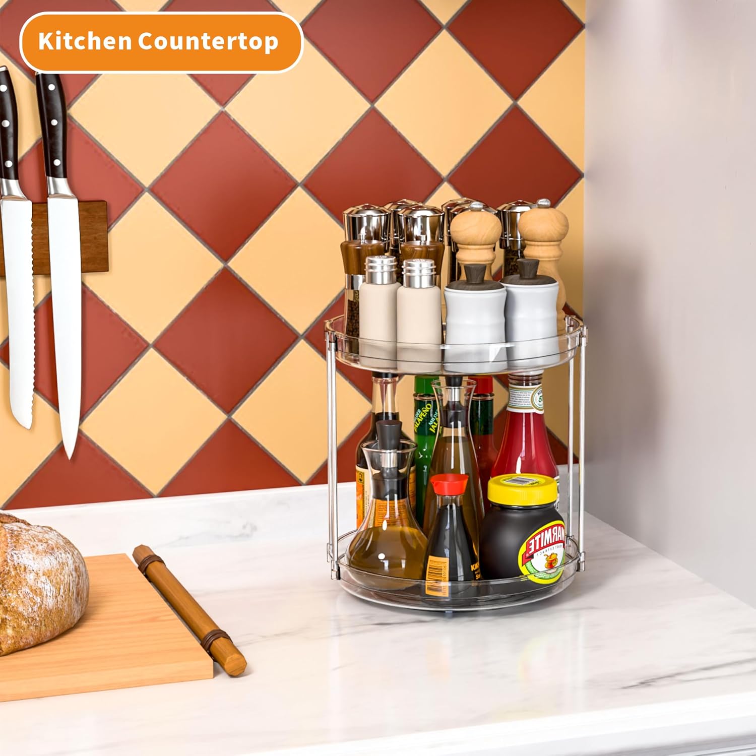 2 Tier Lazy Susan Turntable for Cabinet,Countertop,Pantry,9.5"W Spinning Seasoning Organizer,Double Rotating Kitchen Spice Rack Organizer and Condiments,Medicine,Vitamin Bottle Organizer Carousels,1Pc