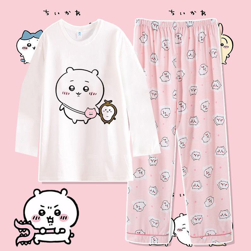 Anime Usag Hachiware Summer thin pajamas round neck Loose long-sleeved shirt and pants Cute cartoon pattern household clothes