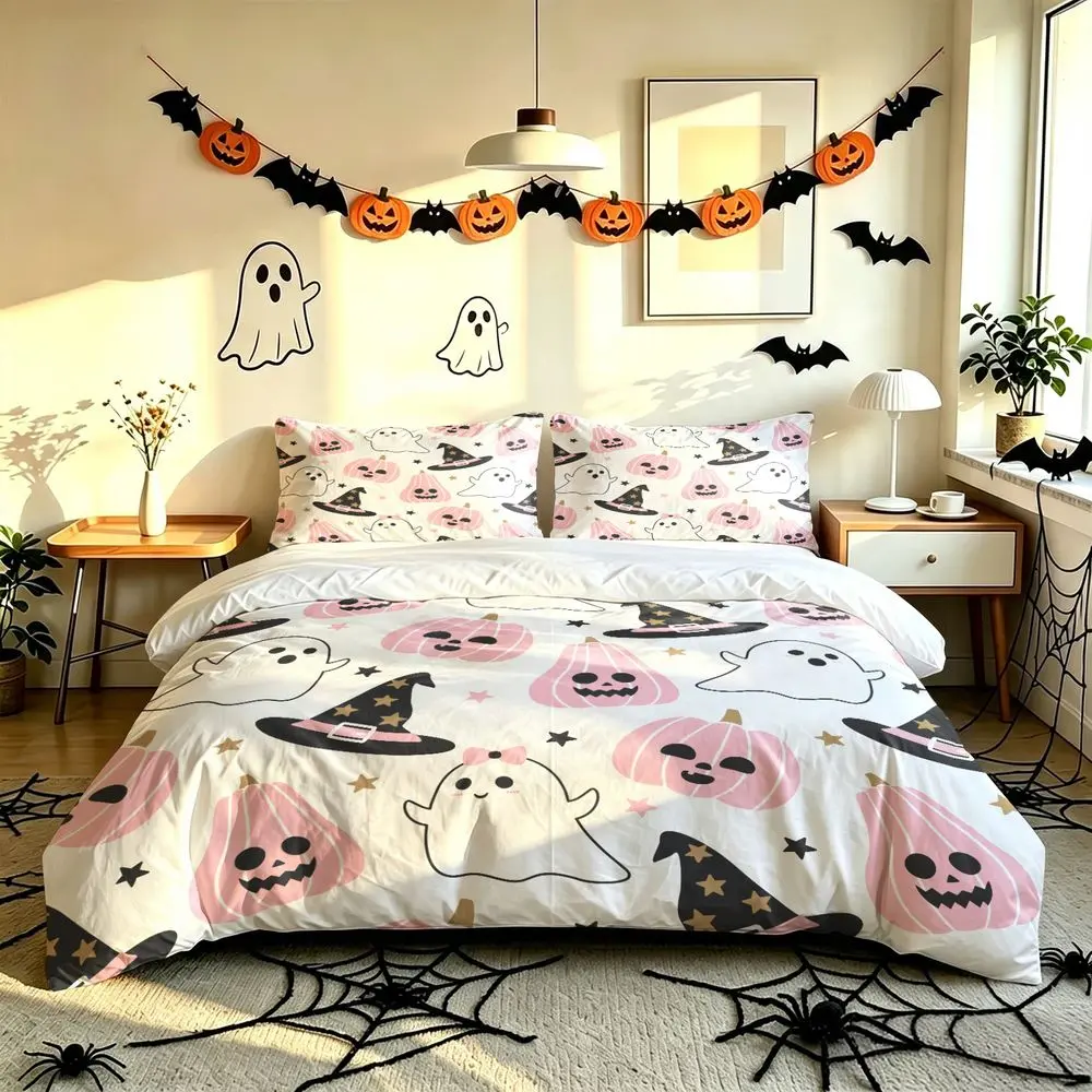 2/3Pcs Cute Pink Halloween Bedding Set, Kawaii Ghost and Pumpkin Duvet Cover Set, Soft Aesthetic Bedroom Decor, Spooky Bedding Set with Pillowcase, Cartoon Printed Duvet Cover No Fillers