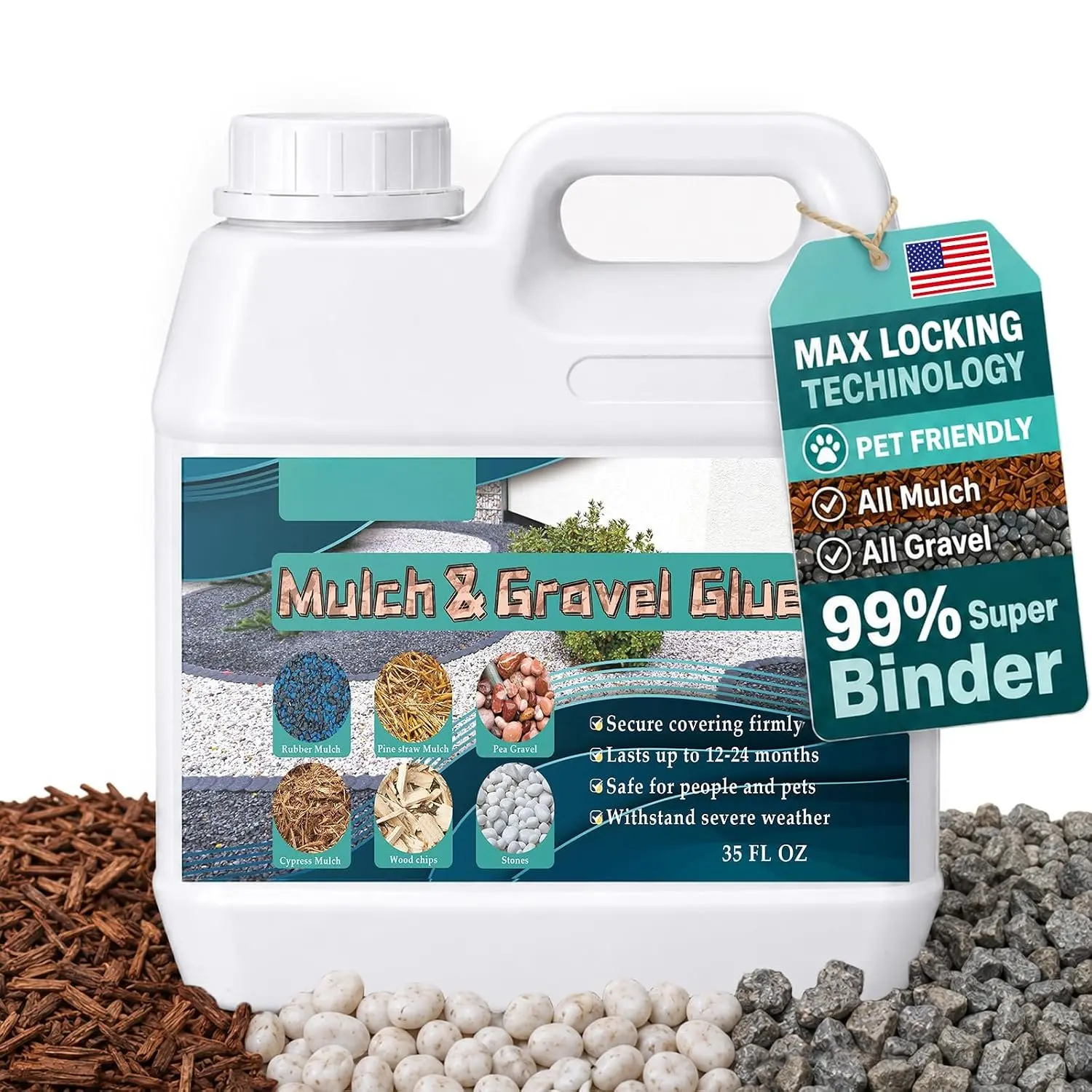 35OZ Mulch & Rock Glue for Landscaping,  Drying Lockdown Sticky Rock Glue, Reliable and  Gravel Binder for Rocks, and Pea Gravel, Lasts up to 12-24 Months