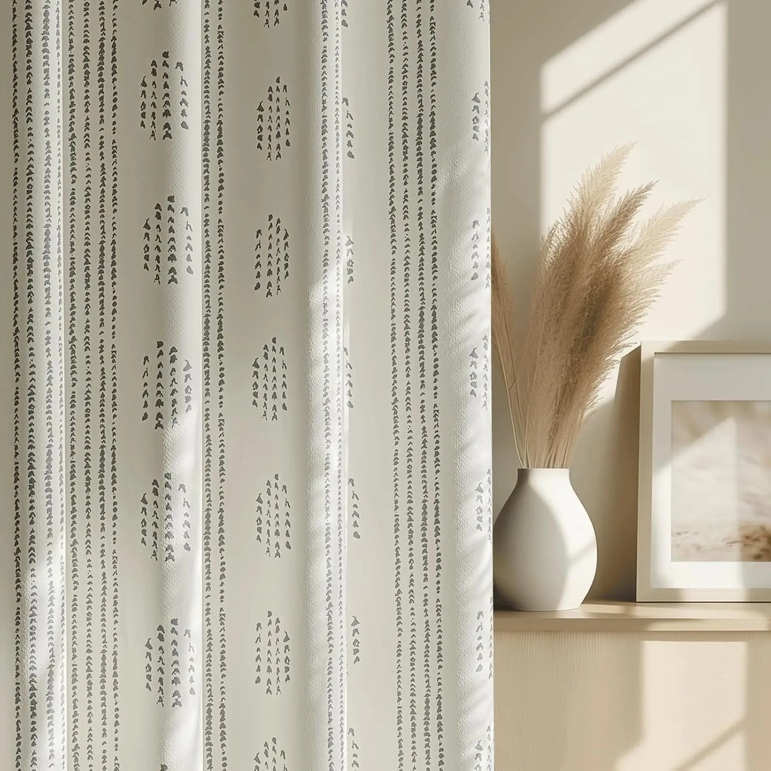 Blackout Grey Boho Curtains, 63 Inches, 2 Panels for Bedroom | Geometric Striped Patterned,  Drapes, Grey  Beige, Thermal Insulated, Room Darkening, for Living Room, Grommet