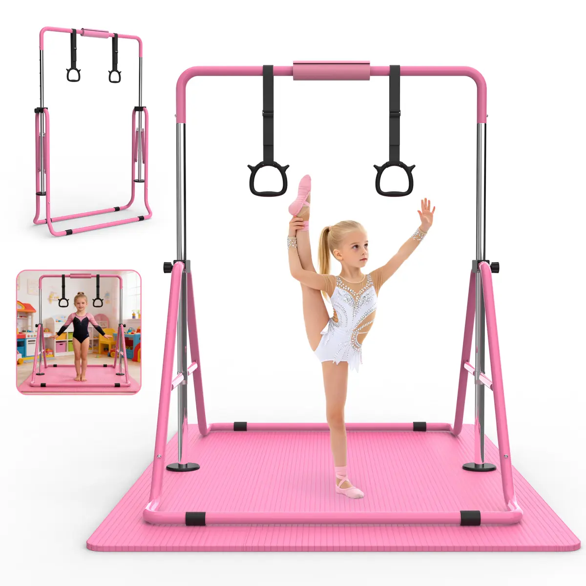AobtkelGymnastics Bar for Kids, Gymnastics Horizontal Bar with Adjustable Height Foldable Training Bar with Mat for Home Practice