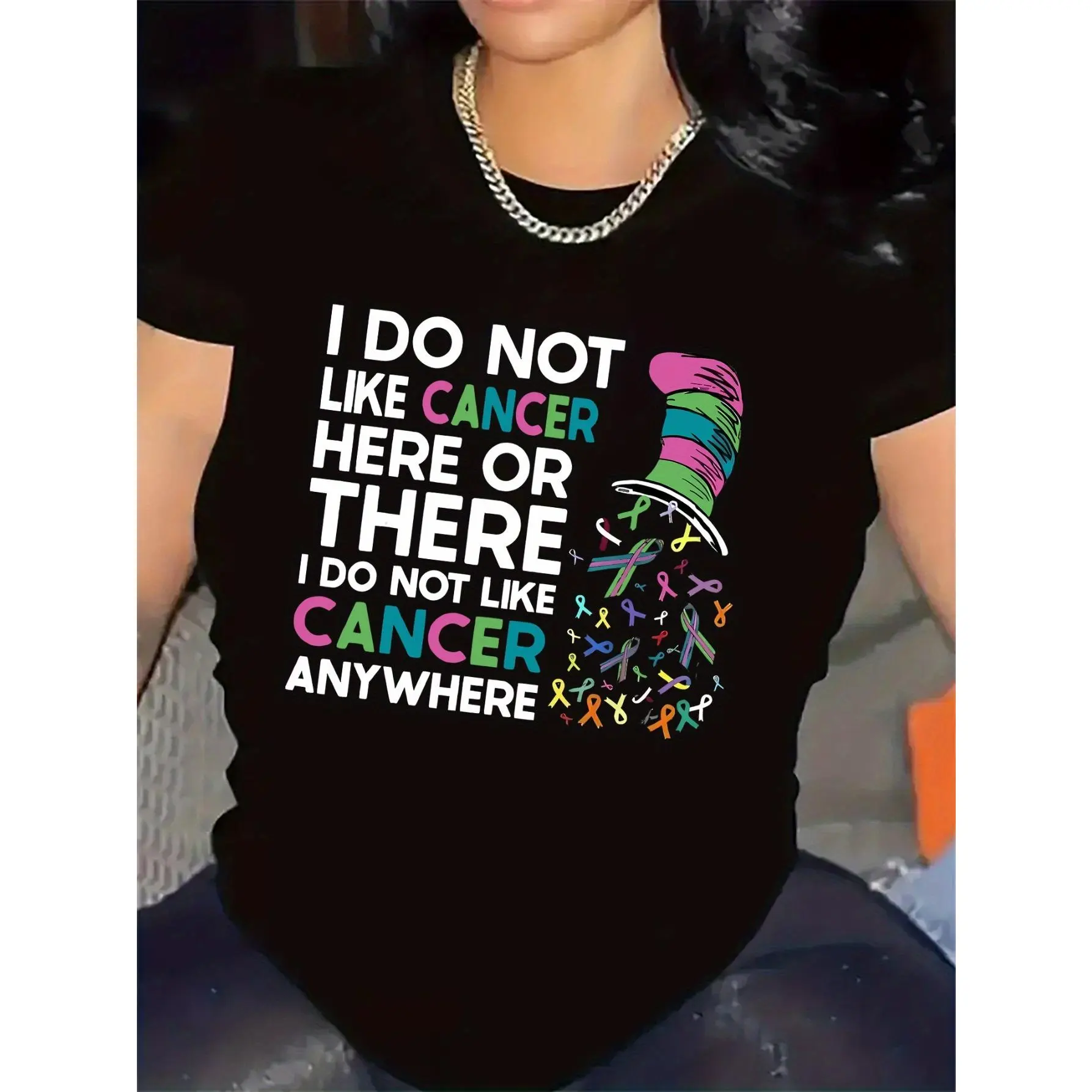 Women'S Summer Short Sleeve T-Shirt - Bold Cancer Awareness Design with Pink Ribbon & Colorful Confetti, Inspirational Message "I Do Not Like Cancer Here or There, Anywhere," Black Crew Neck, Medium Stretch Fabric, Allseason Tee | Bold Statement Shirt | S