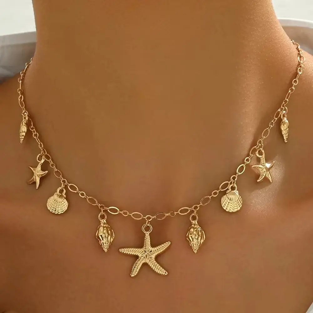 Women's Adjustable Sun Protective Bohemian Shell Necklace - Starfish Charm, Scallop Shape, Shell Accents for Boho Chic Outfits, Ocean Themed Stuff
