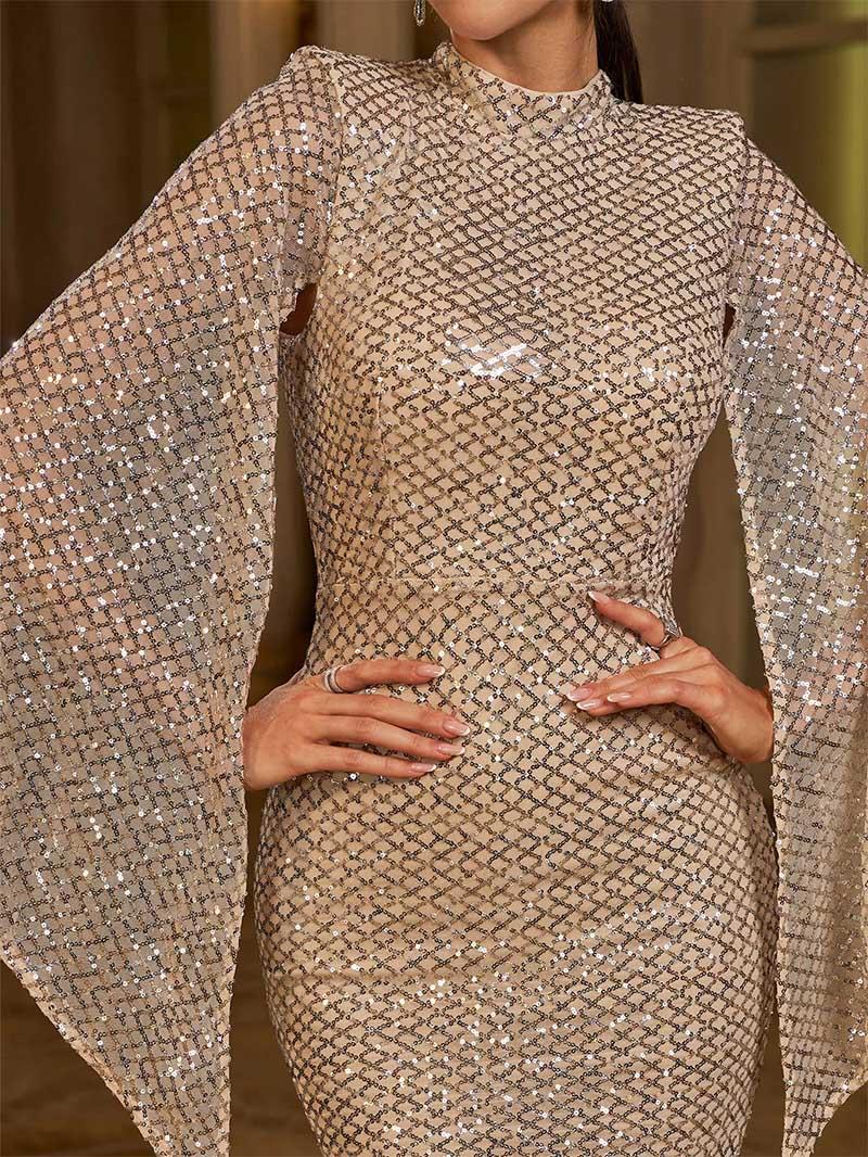Long Sleeve Elegant Round Neck Sexy Long Sequin Evening Dress Bridesmaid Dress for Women Womenswear Glitz