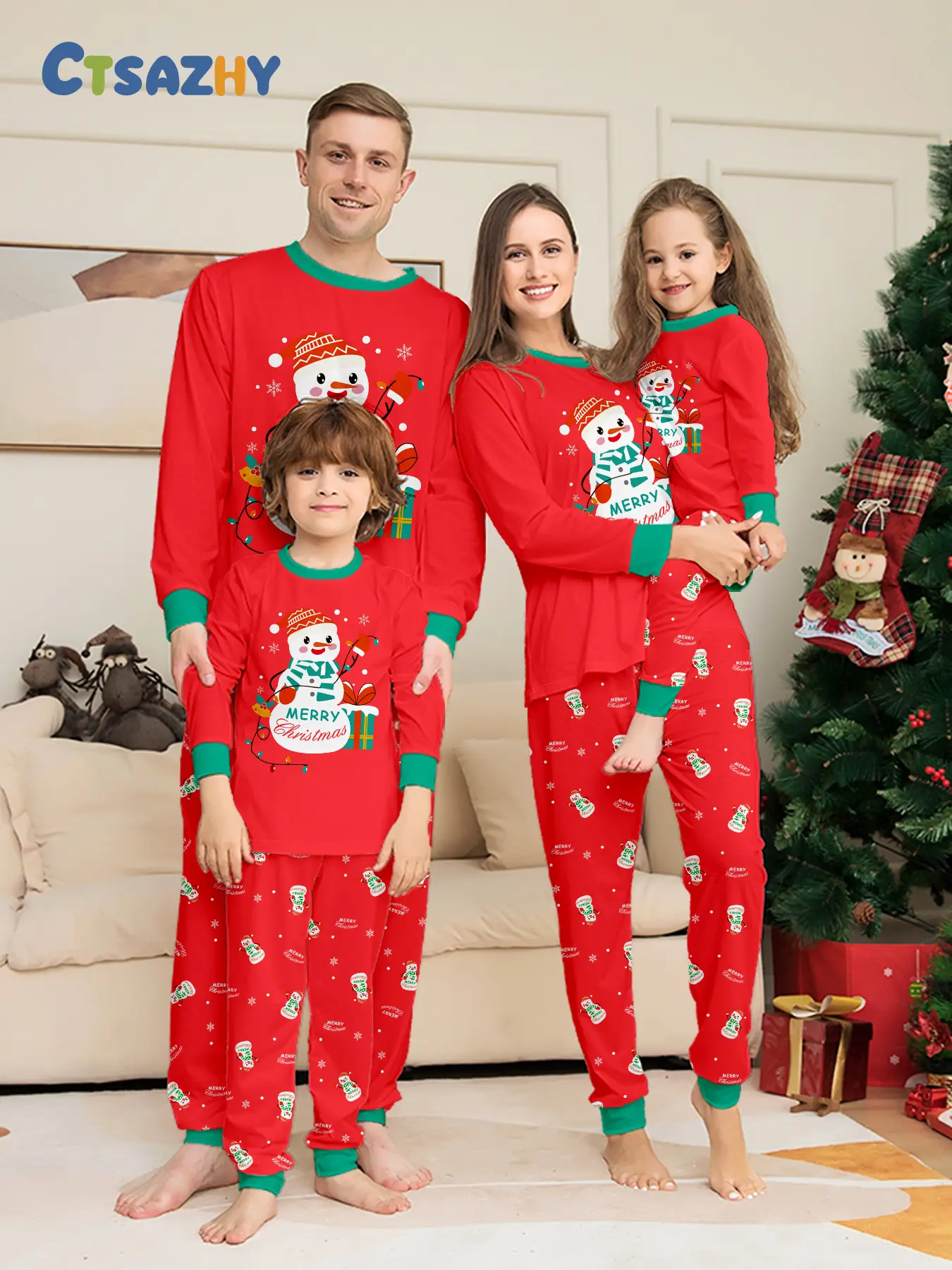 Red Matching Family Christmas Pajama Set, Cartoon Snowman Print Crew Neck Long Sleeve Tops with Green Cuff, Soft Cuffed Loungewear for Adults Kids Couple, Xmas Family Matching Outfits for Family of 3 4
