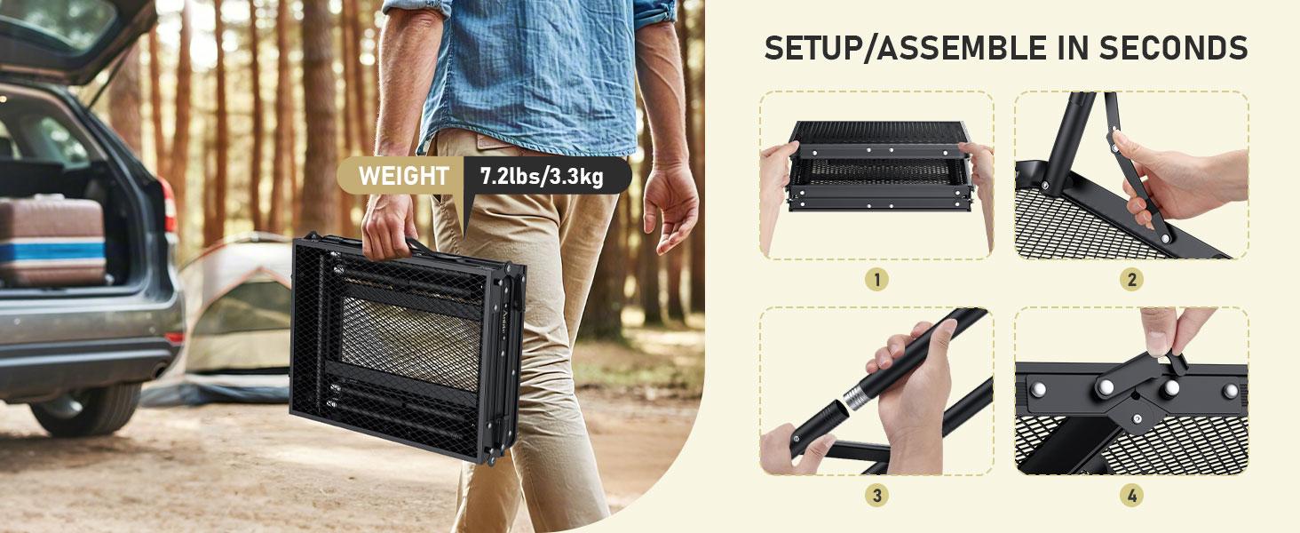 Anbte 3ft Tri-fold Grill Table, 2 Adjustable Heights Max 29.5" Sturdy Metal Grill Table with Storage Bag, Heat-Resistant Tabletop, Portable Handle for Cooking BBQ Outdoor Travel, 35" x 16", Black