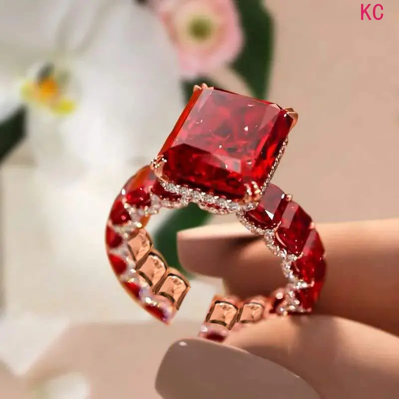 Rose Gold Adjustable Ring With Full Stones Inlaid Ruby, Elegant Finger Jewelry For Women Daily Matching
