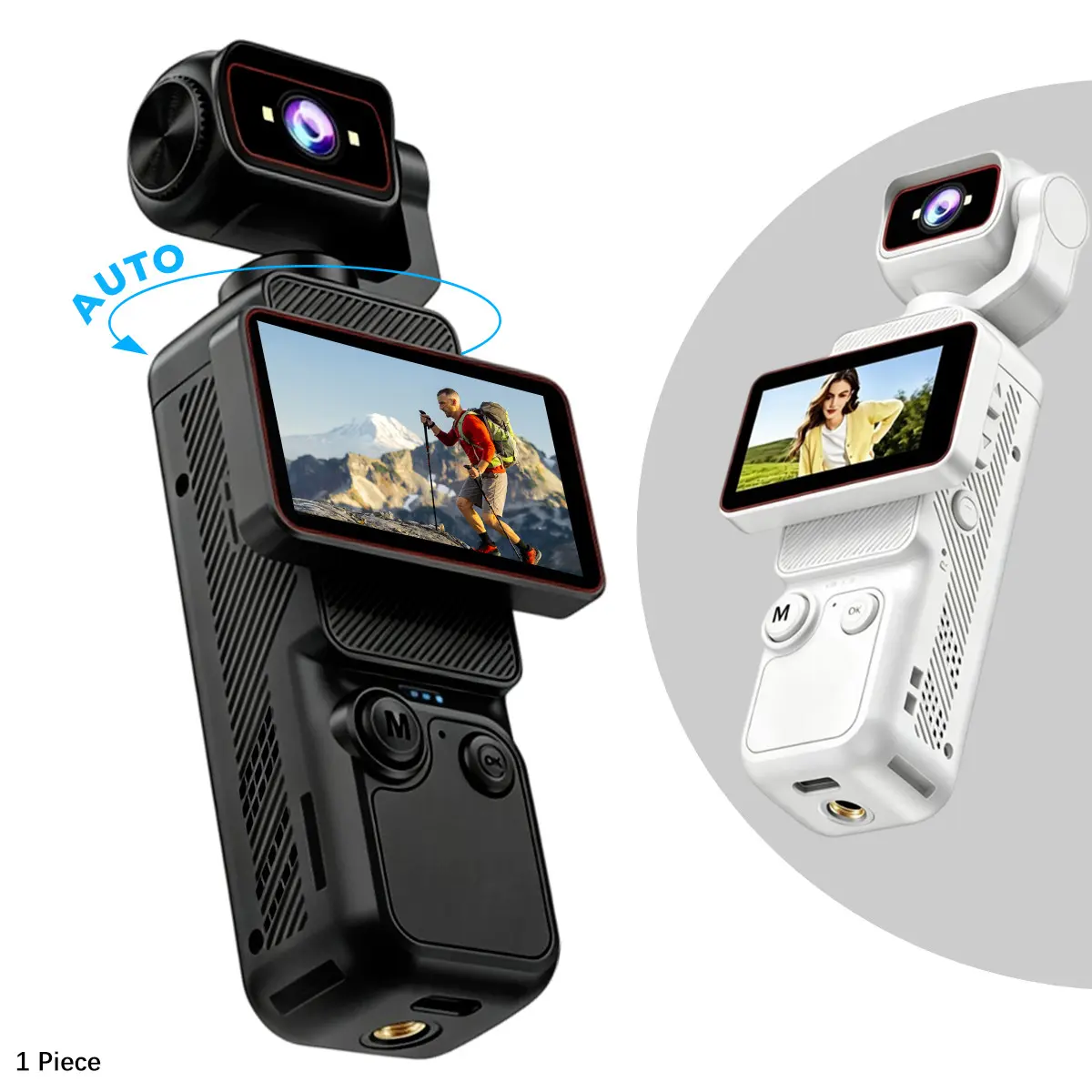 Vlogging Camera HD Action Camera with Flip Screen, WiFi Camera with 180° Auto Rotatable Lens, Portable Travel Camera  for Vacation Recording, Filming, Selfies and Adventures - White / Black