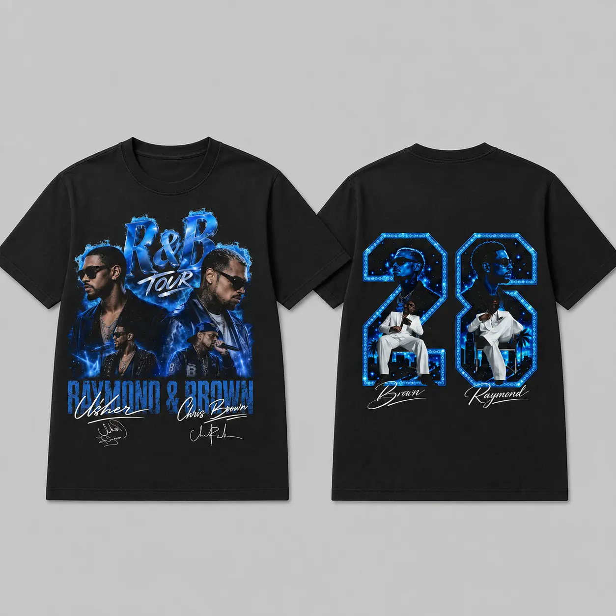 Men's Classic Raymond & Brown 2026 Tour Blue Premium Acid Washed Shortsleeve Cotton Graphic Tee - Music Duo Graphic Garment, Urban Streetwear, Concert Merch Gift for Fans, Comfy Casual Top, Cotton Graphic Tees