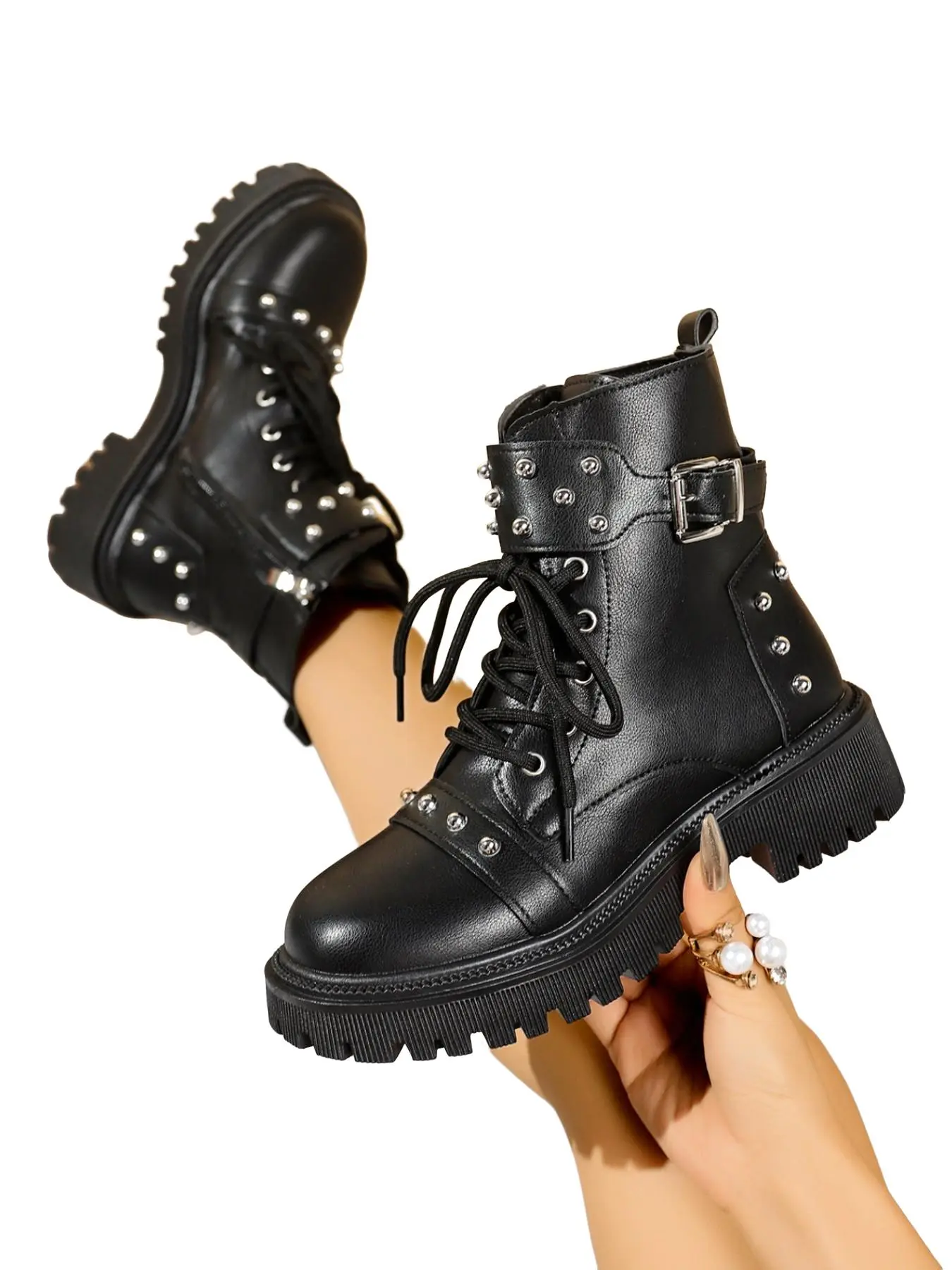 New Fall Winter Thick Sole Rivet Motorcycle Boots, Round Toe Lace-Up Side Zipper Punk Style Slimming Casual Shoes for Women