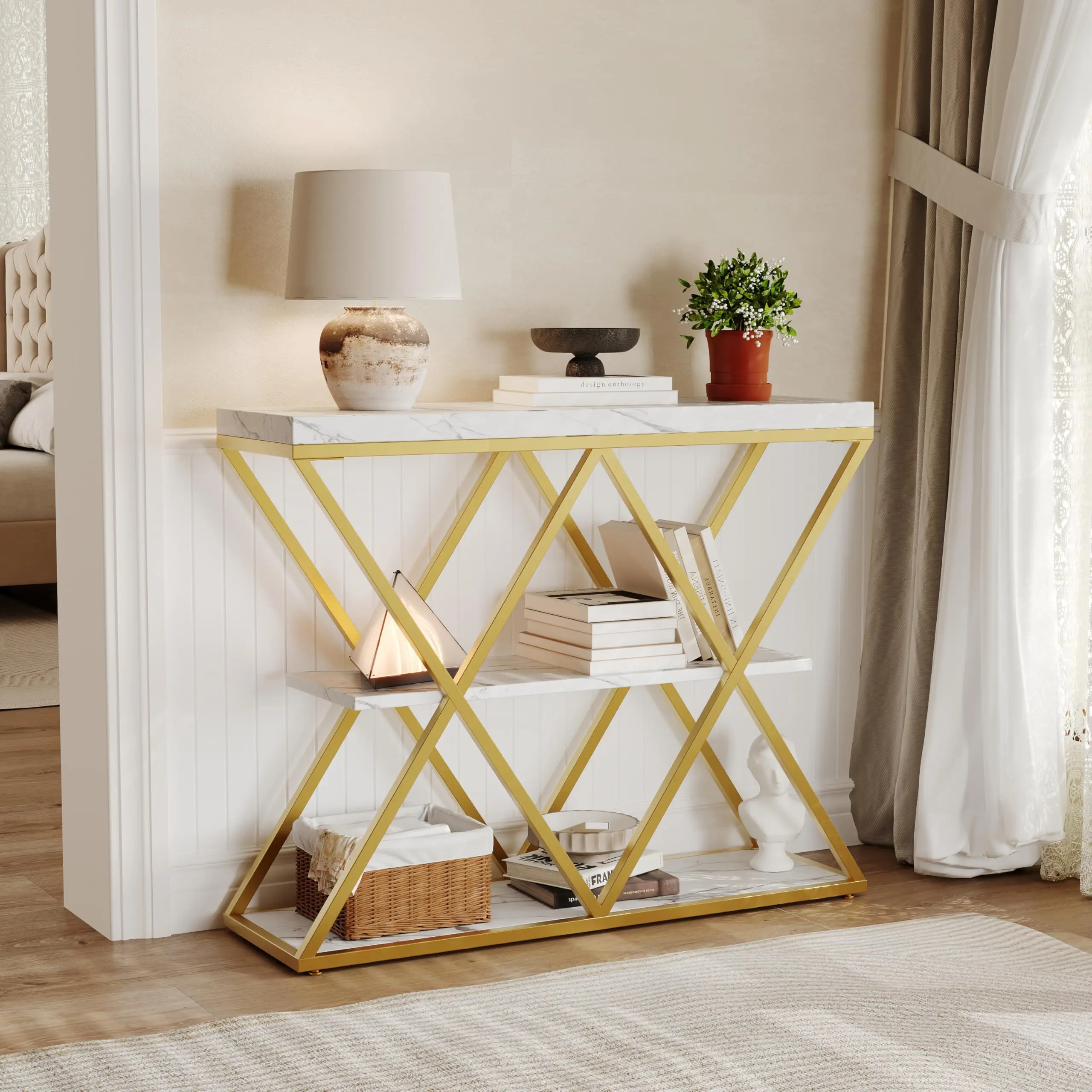 3-Tier Console Table, Faux Marble Entryway Table with Gold Metal Frame, Narrow Sofa Table with Storage Shelves, Adjustable Feet for Living Room, Hallway,dorm essentials,home decor