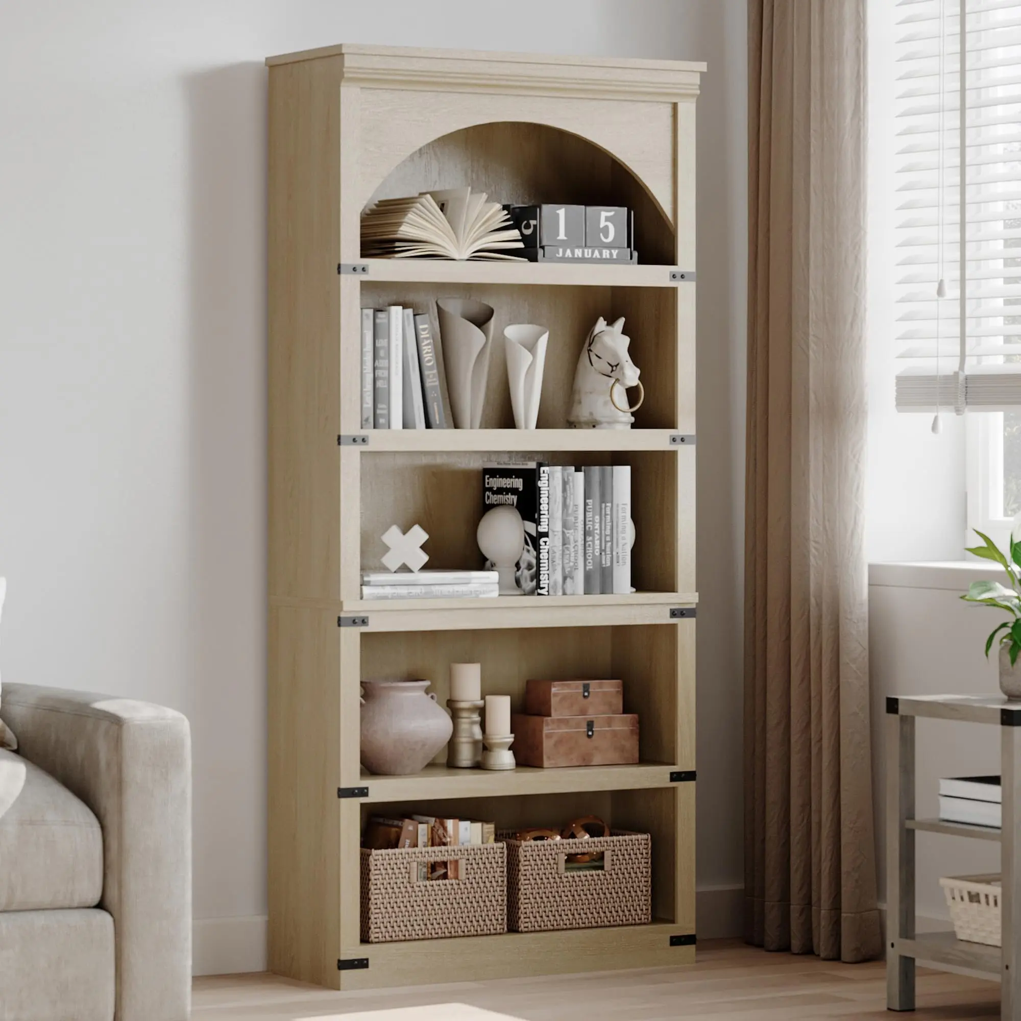 5-Tier Arched Farmhouse Bookcase - Grey Modern Stable Open Ladder Shelf with Arch Top, Large Freestanding MDF Wood Display & Storage Organizer for Living Room, Office Indoor Furniture Cabinet