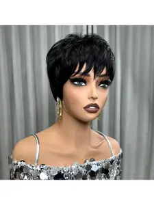 Pixie Cut Wig Human Hair Natural Black Color Glueless Full Machine Made Wig Short Pixie Wigs For Black Women Layered Brazilian Straight Wigs Human Hair With Bangs For Daily Use