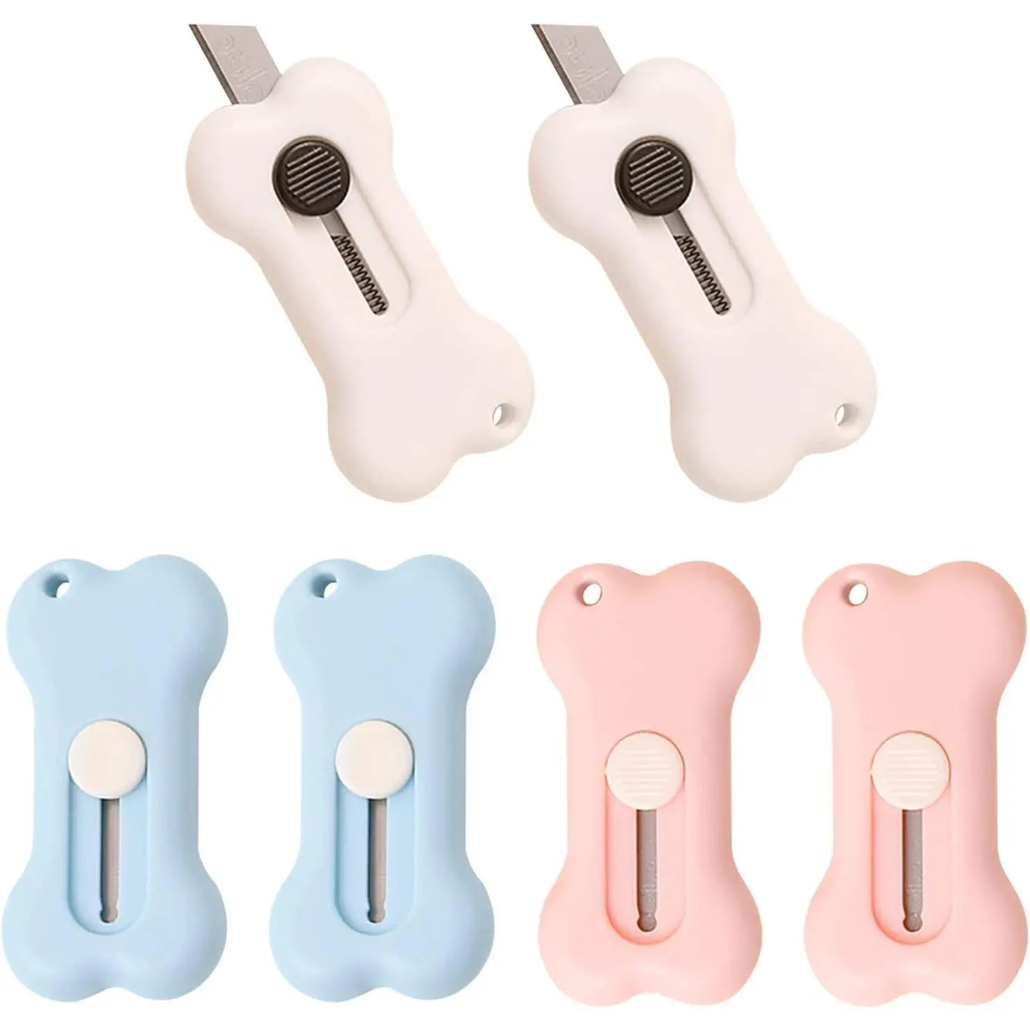 6Pcs Retractable Mini Utility Knife Bones Shaped Box Cutter Cute Letter Opener Paper Envelope Cutter with Keychain Hole