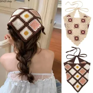 Handmade Crochet Square Headband Set for Women, Floral Hair Wrap and Kerchief Scarf, Lightweight Boho Hair Accessory for Daily Styling