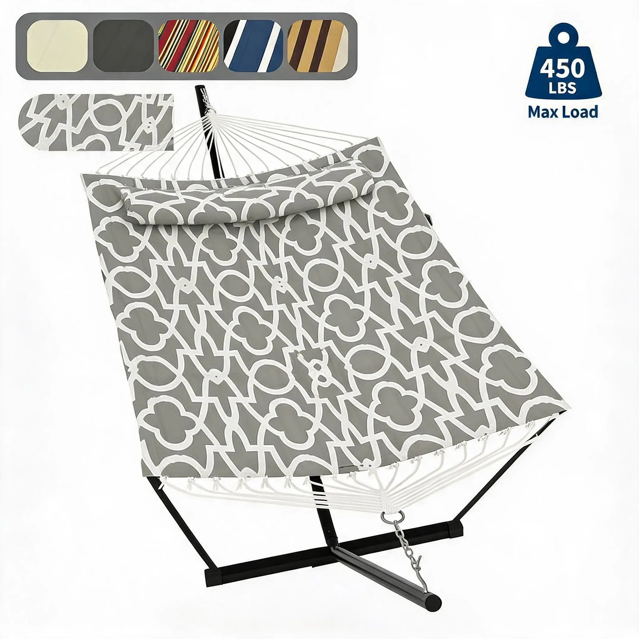 2-Person Outdoor Hammock With Stand & Pillow, 450 Lbs Max Capacity, Balance Rope Included, Large Hammock For Patio Backyard