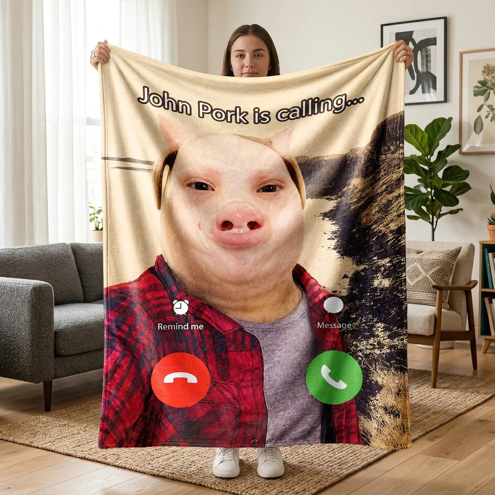 1pc Funny John Pork Incoming Call Screen Print Fleece Blanket, Vintage Wilderness Background Weird Pig Head Man Hilarious Phone Call Meme Pattern, Niche Funny Internet Trend Fan Style, Multiple Styles Available. Soft Warm Cozy Nap Throw, Multi-use for Sof
