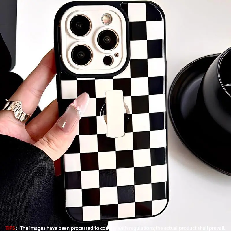Black and white checkerboard invisible bracket shock-absorbing protective phone case, Tpu Smartphone Casing, Casing, Cover, Protector, Accessories, specially tailored for iPhone 17,16,15,14,13,12,11 series, Shockproof