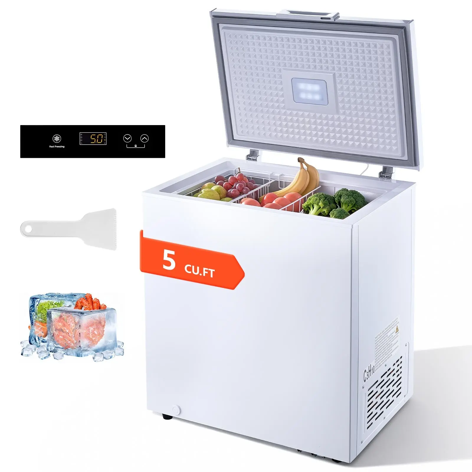 VEVOR Chest Freezer, 5 Cu.ft Compact Deep Freezer, Free Standing Top Open Door Chest Freezers with 2 Removable Baskets & Adjustable Thermostat - Energy Saving, Low Noise & Garage Ready, White