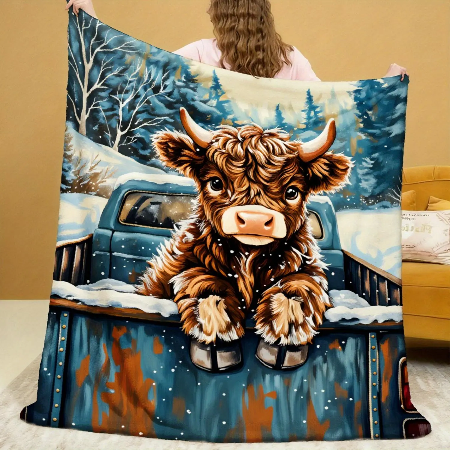 Blue Cow Print Flannel Throw Blanket - Highland Cow Vintage Truck Winter Snowy Forest Design, Durable, Fast Drying, Warm, Machine Wash, Indoor-Outdoor Use, Farmhouse Cabin Decor, Ideal Gift for Rustic Enthusiasts, Personalized Blankets, Cow Print Blankets
