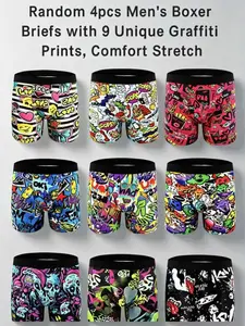Random 4-Pack Men's Graffiti Underwear | Novelty Boxer Briefs, 9 Unique Prints, Long Leg Cut, Comfortable for Sports & Daily Outfits
