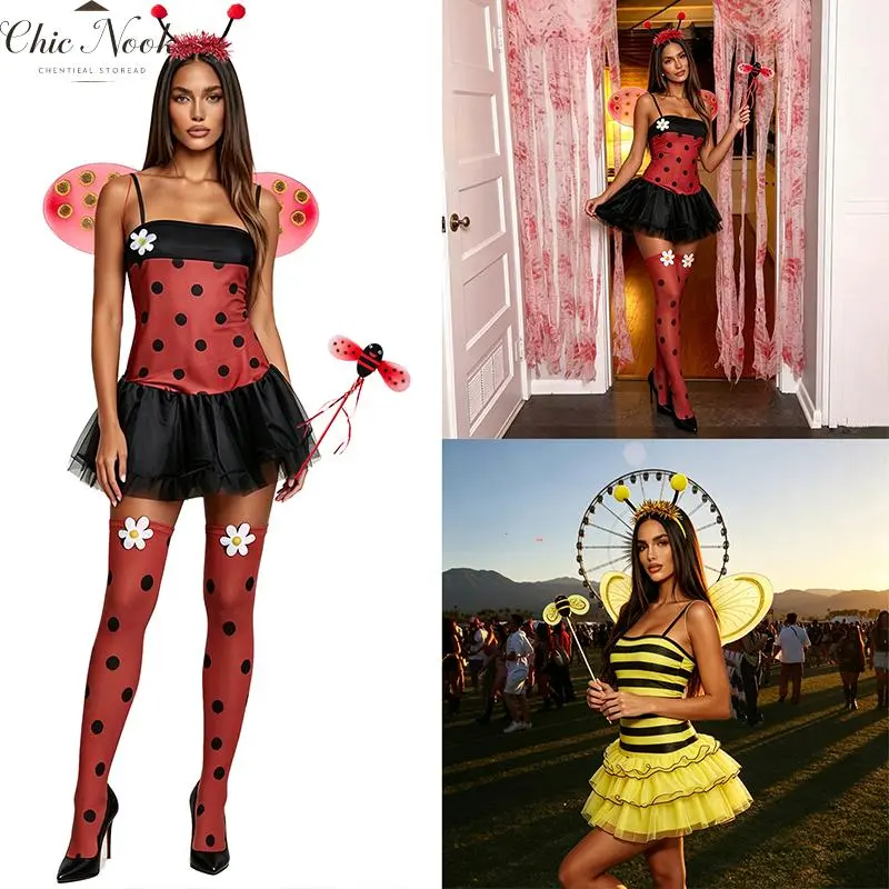 Women Halloween Insect Costumes Cute Bee Ladybug Dress and Wings Headband Set for Christmas Cosplay Party Outfits