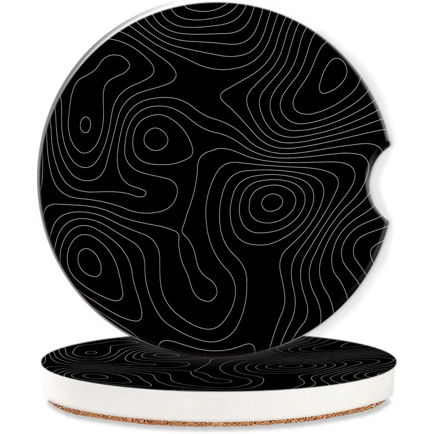 Coasters Topographic Cup Holder,Black Contour Map Cute Coasters,2 Pack Anti Slip Ceramic  Cup Holder Accessories with Finger Notch for Women Men 2.56"