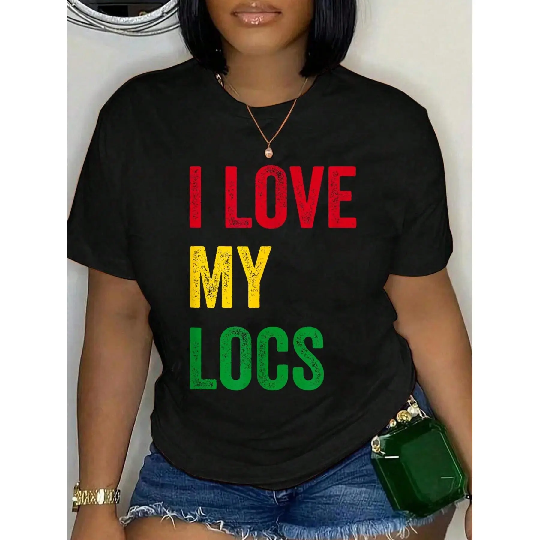 Unisex 100% Cotton Knitted Oversized Round Neck Short Sleeve Sports T-Shirt - Retro Soft Fabric, I Love My Locs Natural Hair All Over Print, Daily Wear, Classic Comfort Gift Top, Machine Washable Casual Tee