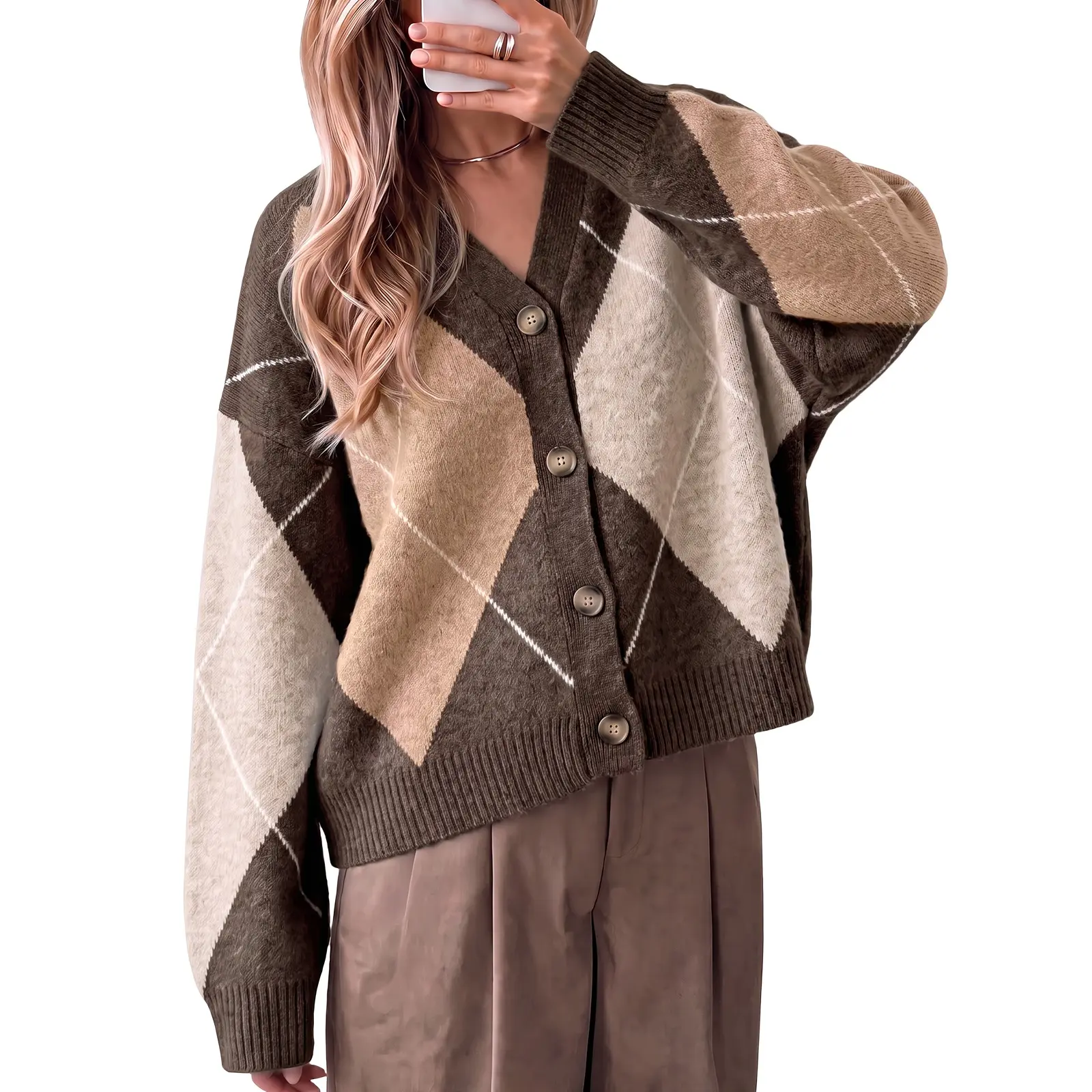 Cicy Bell Women Plaid Sweater Cardigan V Neck Long Sleeve Knitwear | Argyle, Oversized, Color Block Grandpa Sweaters, Vintage Preppy Cardigan, Button Down, Loose Fit