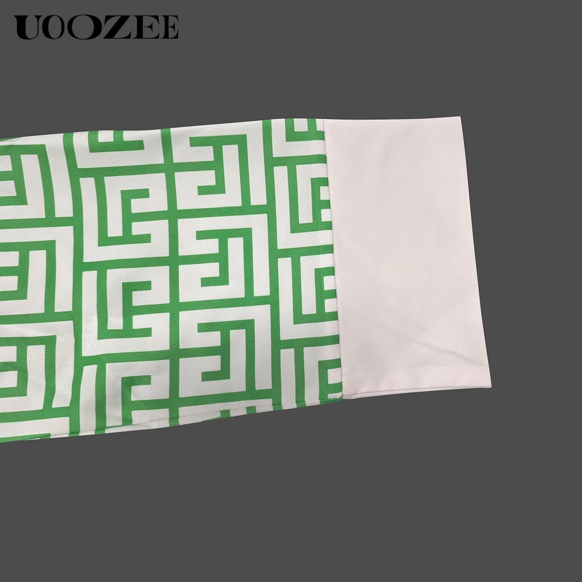 UOOZEE Women's Green Geometric Print Three-Quarter Sleeve Buttoned Collared Mini Dress Casual Summer Shirt Style Stylish Design No Stretch Cotton Blend Soft Everyday Wear Womenswear Spring