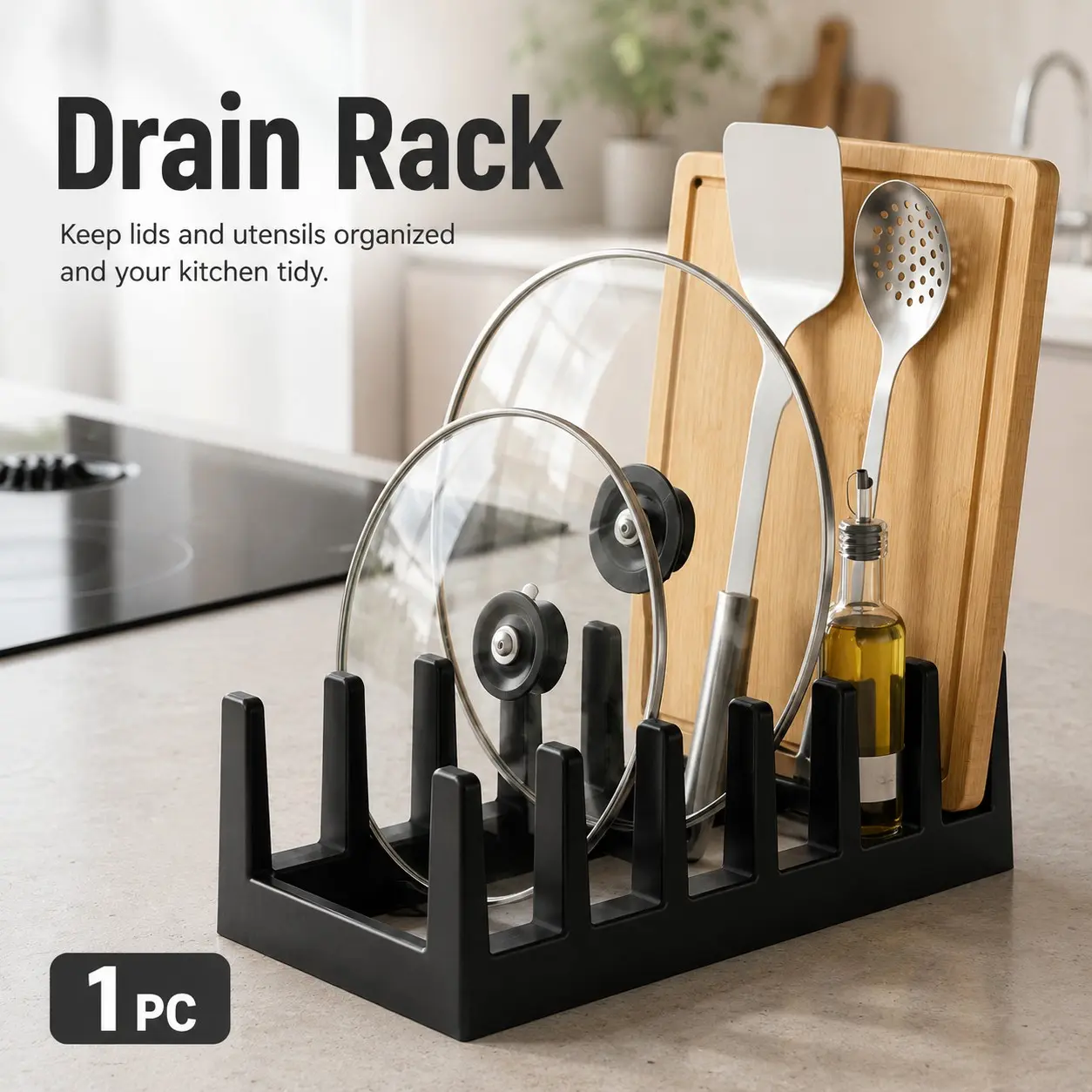 Multi-compartment vertical plate rack, cabinet dish organizer, pot lid and plate holder, plastic storage shelf for kitchen