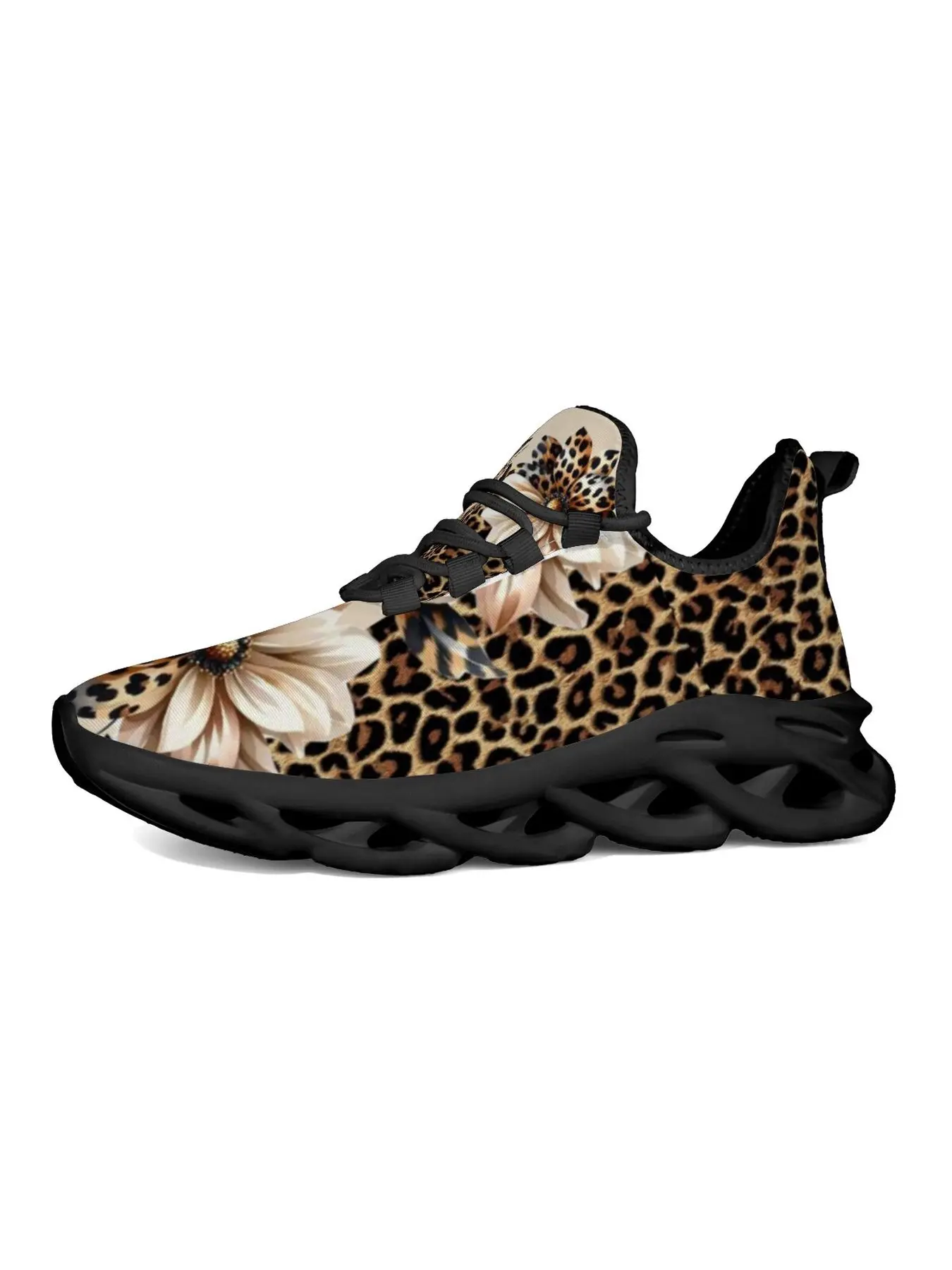 Leopard Print Sunflower Floral Chunky Blade Sole Sneakers for Women Men, Lightweight Breathable Mesh Platform Walking Shoes, Vintage Animal Flower Graphic Shock Absorbing Athletic Running Trainers Daily Street Casual Footwear, Fashion Running Sneakers