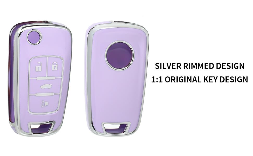 for Chevy Buick Key Fob Cover, TPU Key Fob Case Cover for Buick Encore Chevy Chevrolet Camaro Equinox Impala Sonic Trax GMC Terrain Flip 4 Buttons, Purple