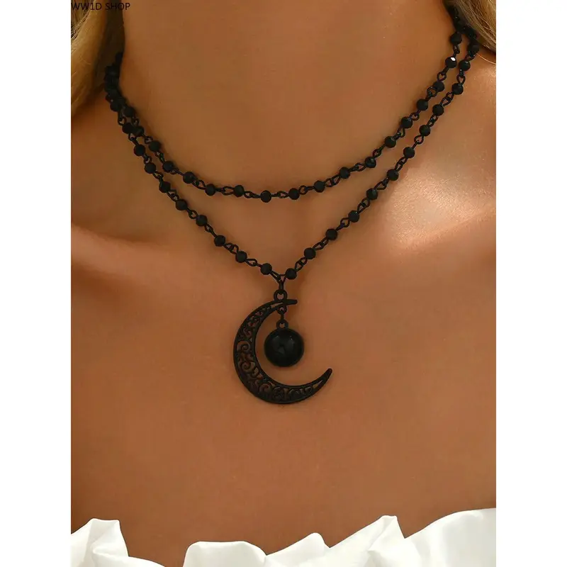 Women's Gothic Aesthetic Retro 2-Piece Moon Goddess Charm Layered Necklaces - Zinc Alloy, Dark Crystal Beads, Halloween Casual Accessory, Durable All-Season Daily Jewelry, Gifts for Women