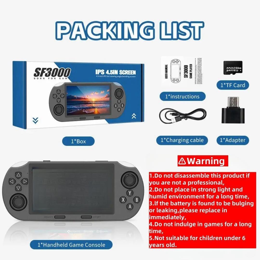 SF3000 Retro Handheld Game Console with 4.5 Inch IPS Screen 3000mAh Battery & 16GB TF Card for Boys Gift Gaming & accessories  game Cables cool gadgets boys Box Compact game console retro game consoles gamer gifts for him portable retro game console