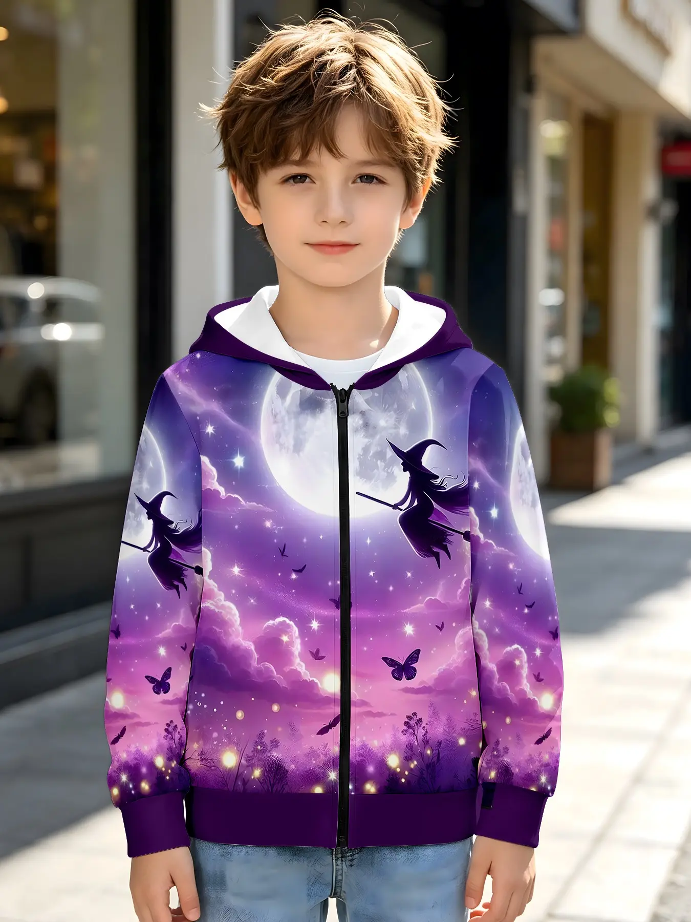 Starry Sky Full Moon Cloud Witch Riding Broom Butterfly Firefly Halloween Creative Digital Print Zipper Hooded Jacket